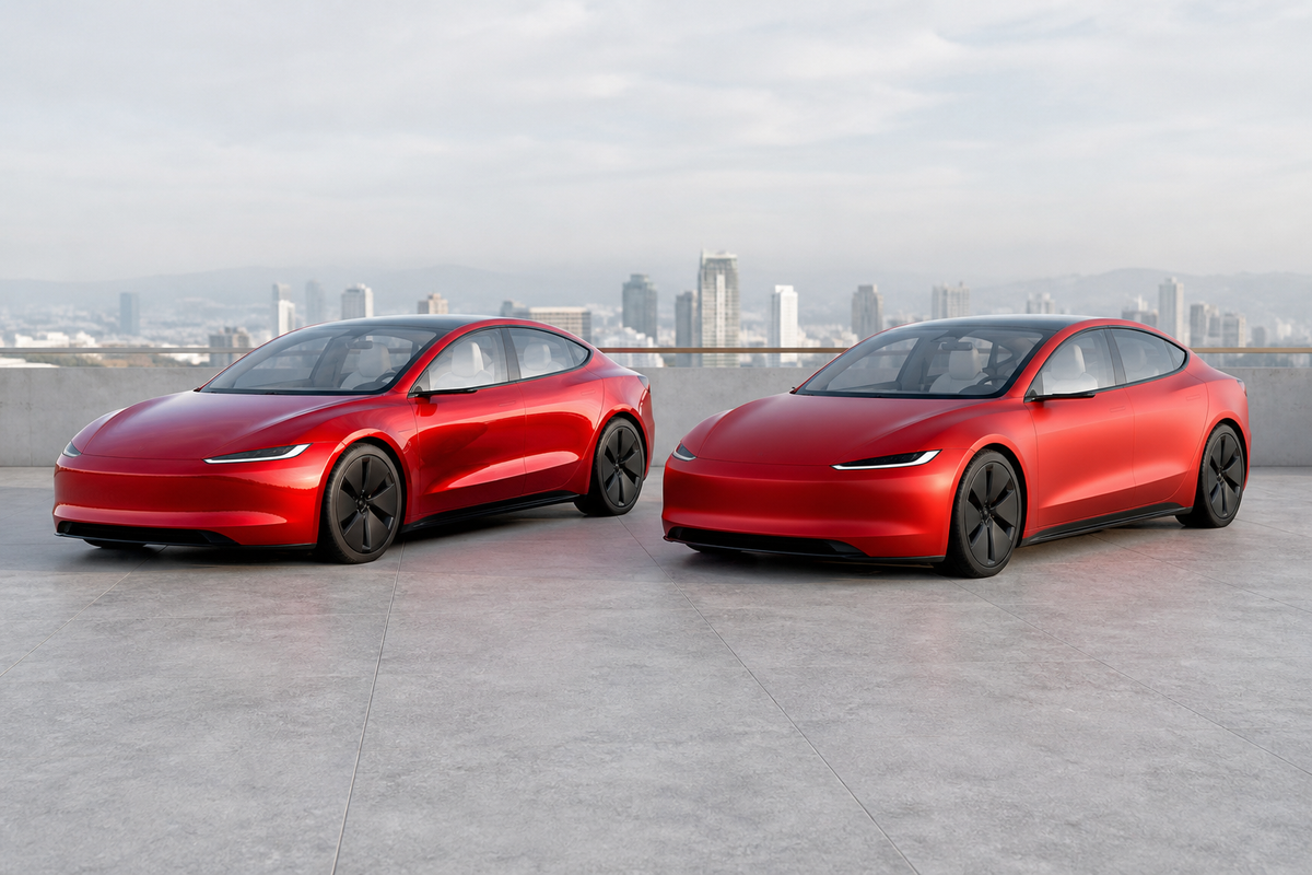 New landscape dusk-to-daylight comparison of two unbranded coupes, deep candy ruby red and soft satin red, no text, badges or logos