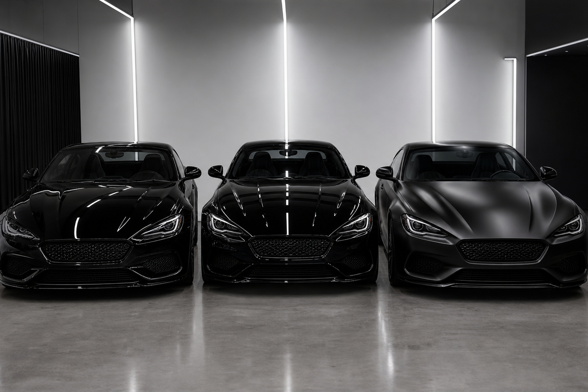 Gloss black, piano black and satin black wrapped cars compared in a studio