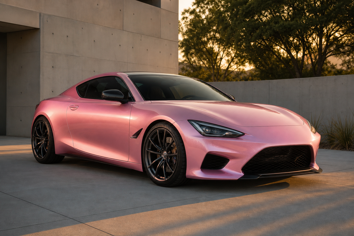 Modern sports coupe wrapped in pearl pink vinyl