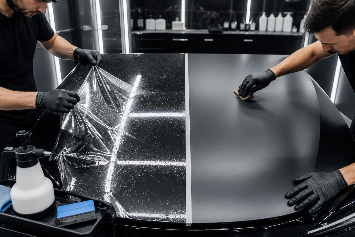 Clear gloss PPF and matte PPF being installed on adjacent dark hood test panels