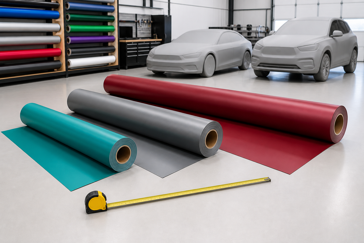 Original landscape workshop scene with three unlabeled 5-foot vinyl rolls of visibly different lengths beside generic sedan and SUV silhouettes, no text, logos or measurement labels