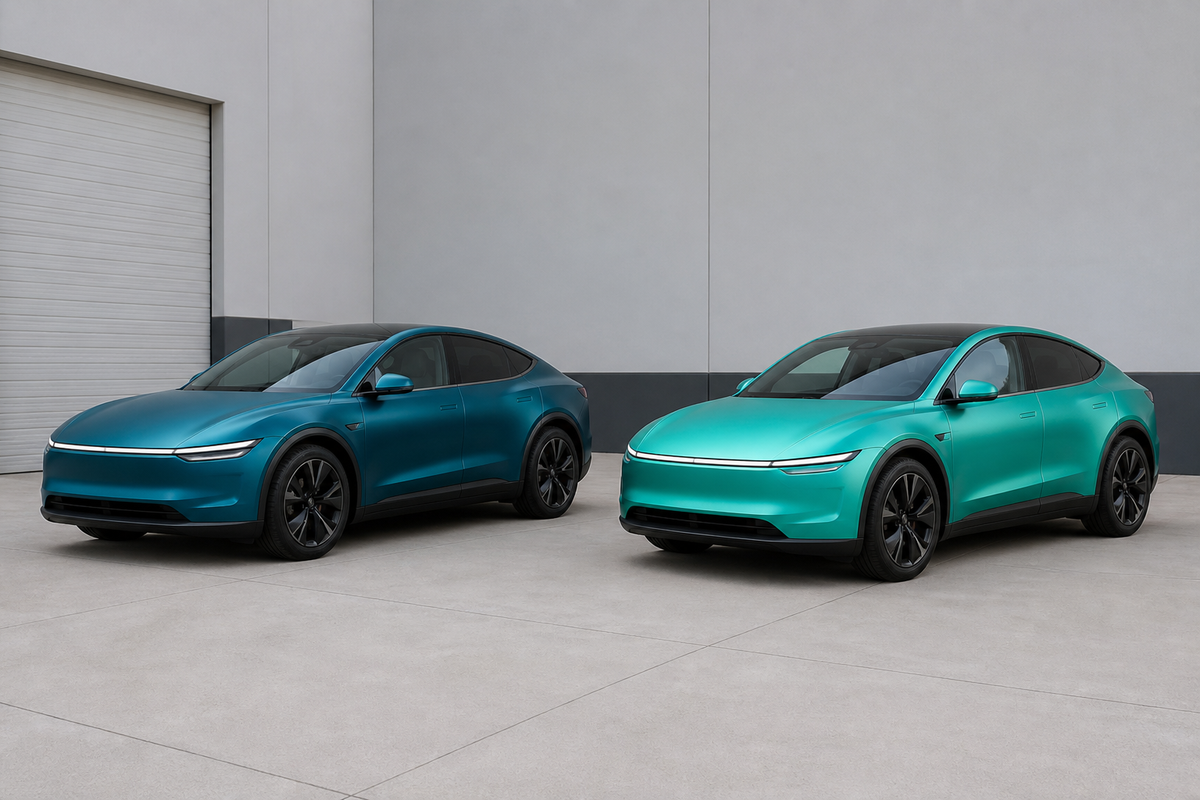 Original wide editorial scene with two unbranded cars in teal-blue and turquoise-green finishes under neutral daylight, no text or logos