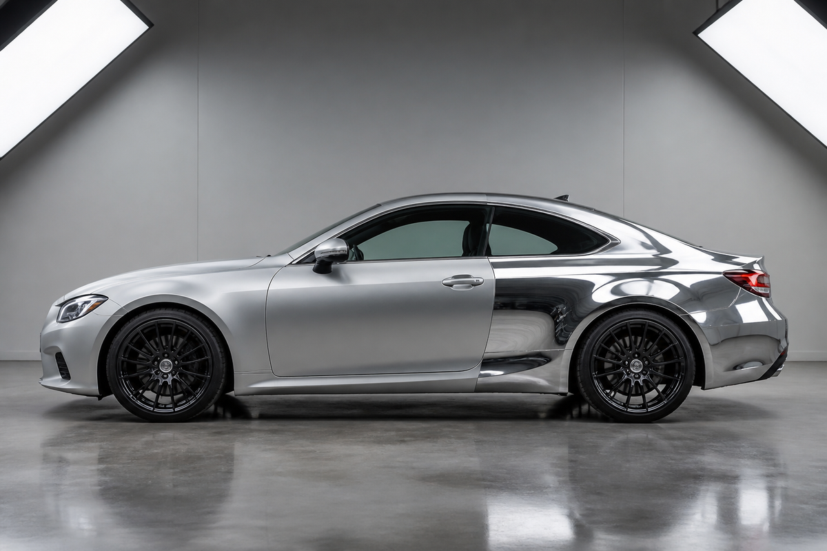 New wide studio image of two generic sports sedans, one softly reflective satin chrome and one mirror chrome, controlled reflections, no logos or text
