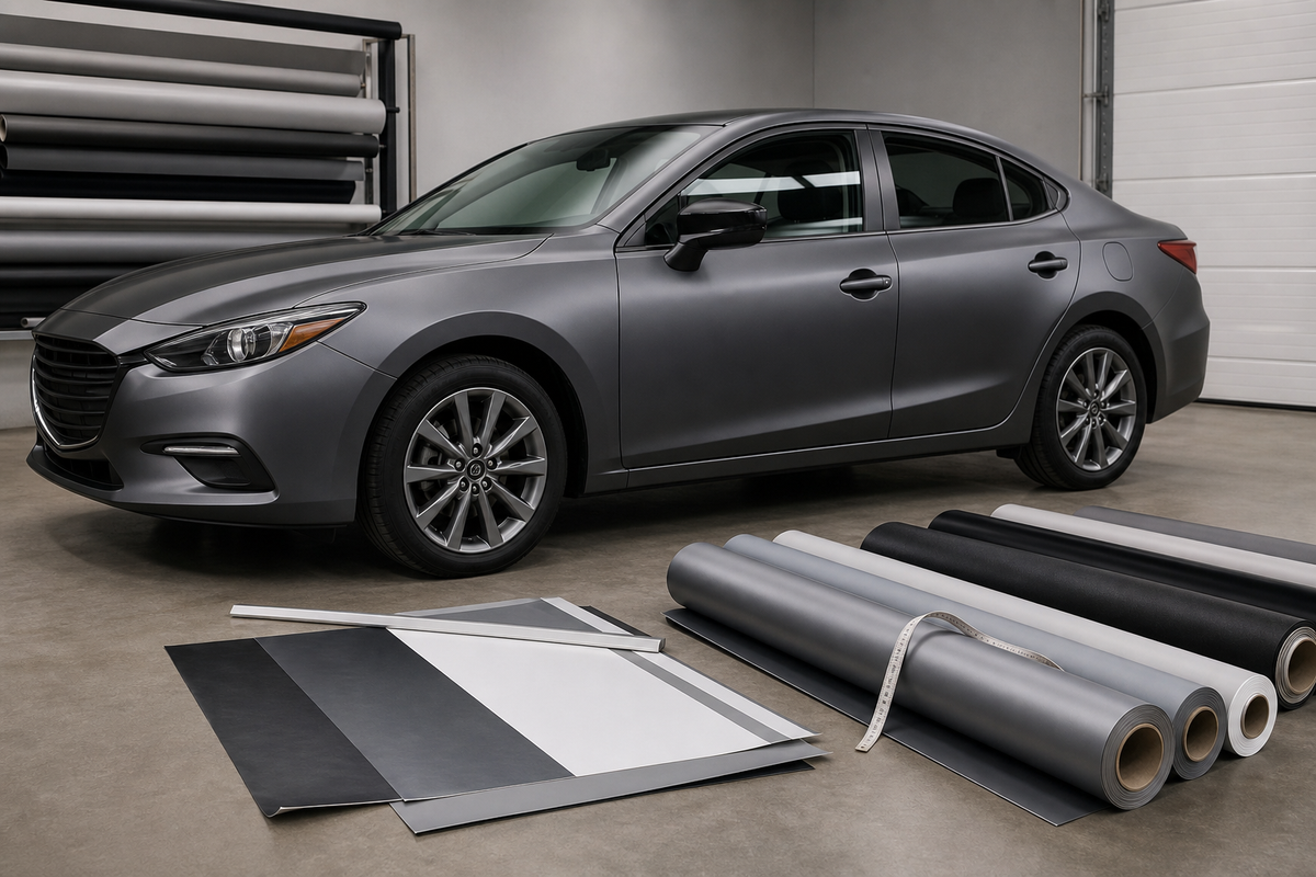 Sedan beside vinyl rolls prepared for a full car wrap