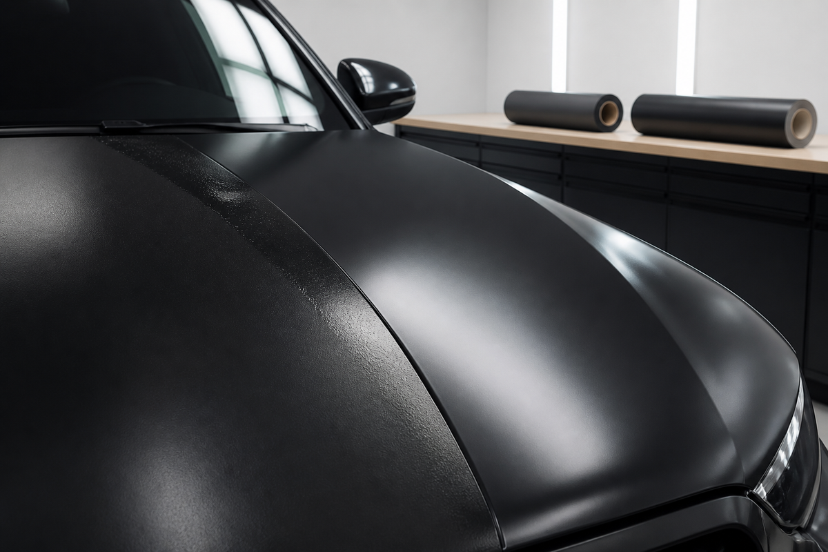 Original landscape material comparison on two generic black vehicle hoods, matte PPF protection layer versus satin black vinyl styling layer, no text or branding