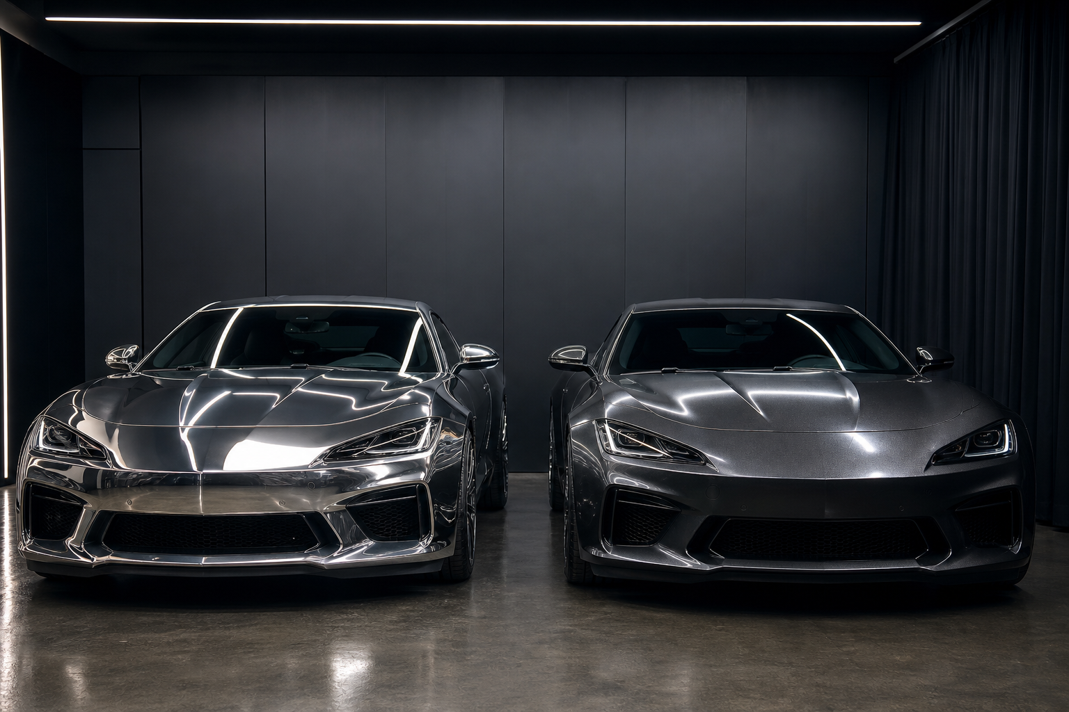 Silver chrome wrapped car beside a metallic gray wrapped car