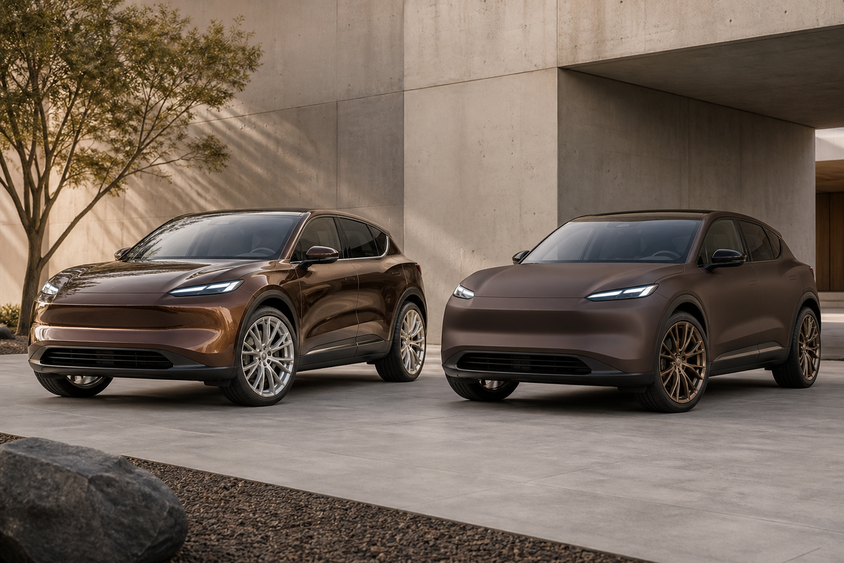 New wide outdoor editorial scene of an unbranded compact sedan in gloss espresso brown and crossover in matte cocoa brown, neutral wheels, no text or logos