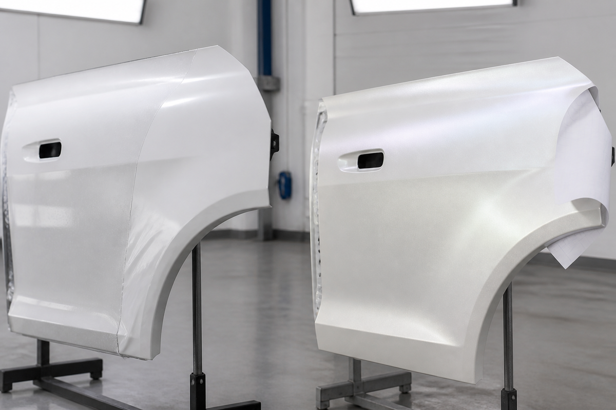 Original wide clean-studio image showing a white painted generic sedan under clear satin PPF beside an opaque satin pearl white vinyl-wrapped crossover, no text or logos
