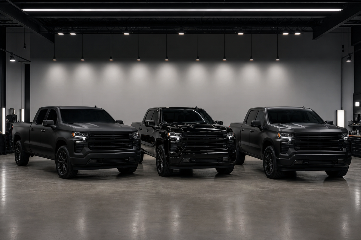Three black wrapped pickup trucks in matte, gloss and satin finishes
