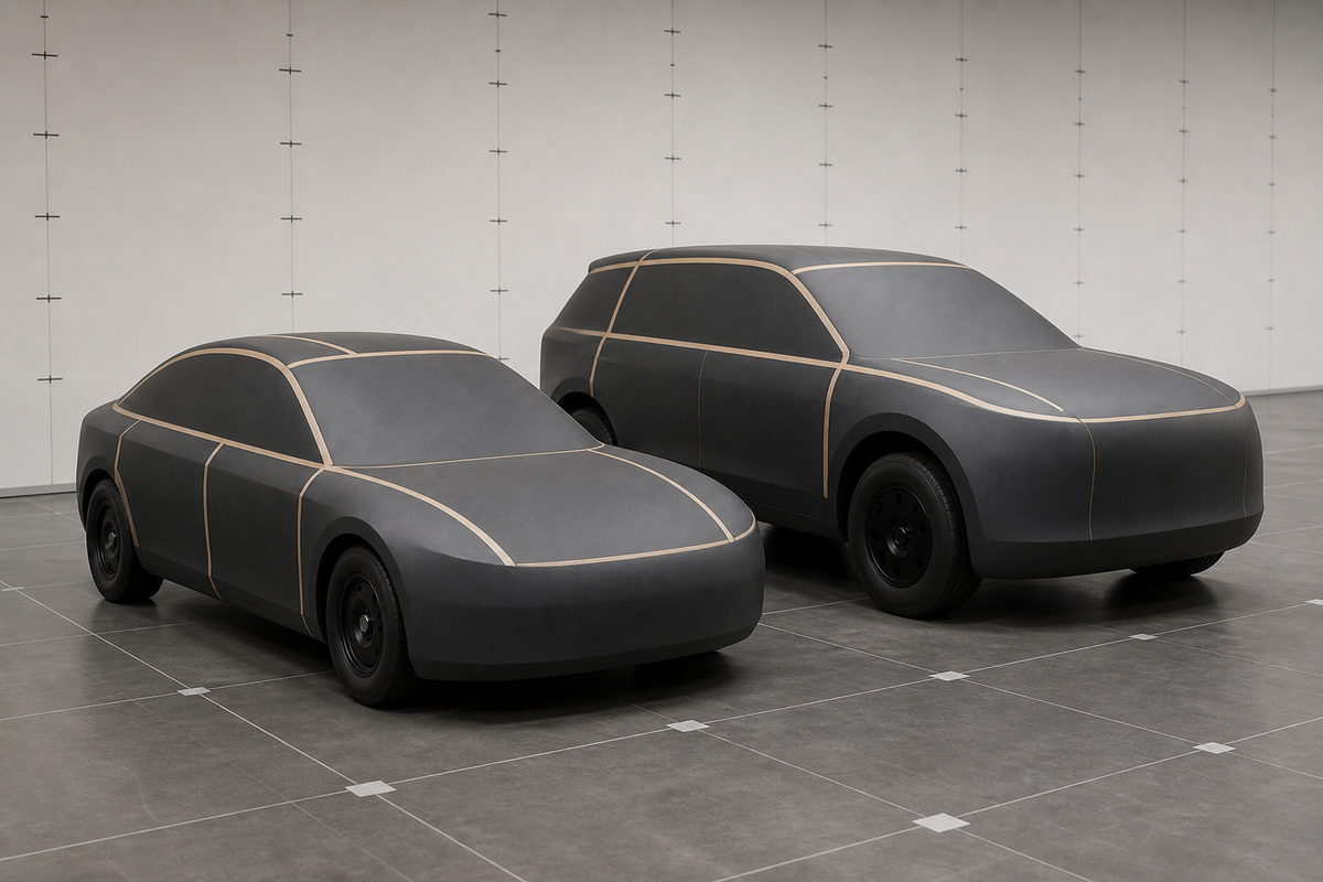 Original landscape architectural scene with two logo-free generic electric vehicles matching sedan and crossover proportions in matte graphite finishes, no trademarks or text