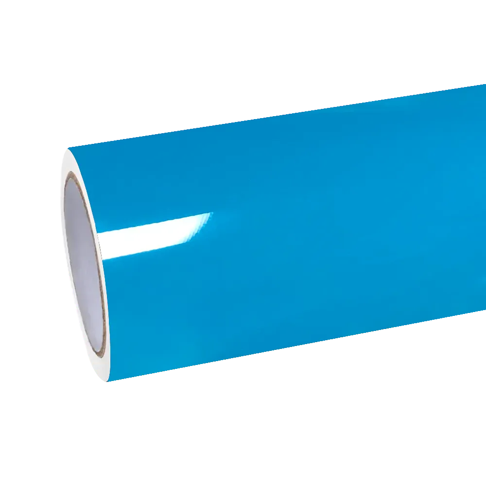 Bright blue vinyl wrap showing gloss and body-line reflections