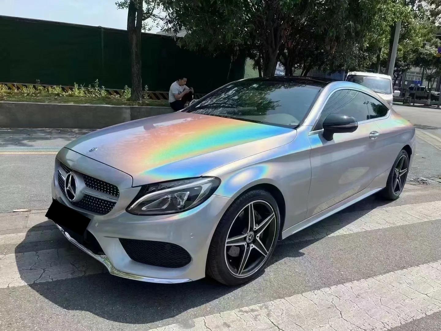 Gloss Metallic Rainbow Holographic Silver Car Vinyl Wrap PET